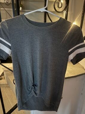 Casual Gray Tee with White Sleeve Stripes
